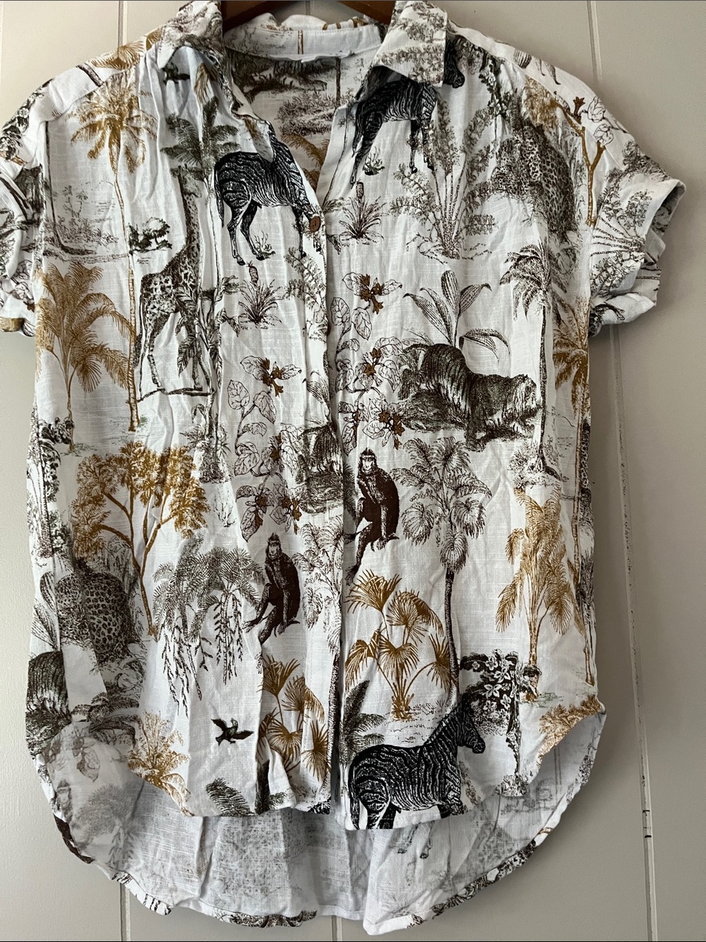 Women's Safari-Print Button Down Shirt - White with Black & Tan - Picture 11 of 14